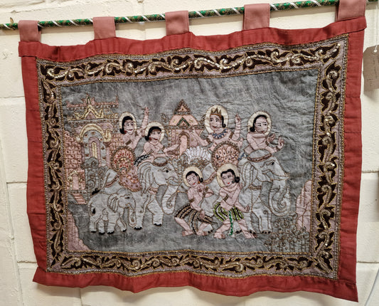 Burmese Kalaga Embroidered Silk Dancing Girls & Elephant Hanging Panel