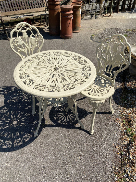 Vintage Cast Aluminium Cream Garden Bistro Table & Two Chairs Art Nouveau Style