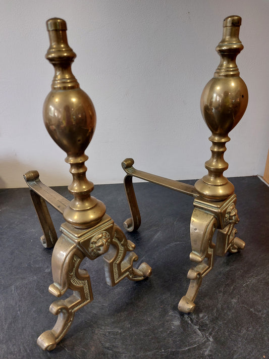 Vintage Brass Fire Dogs with Lion Head Motif