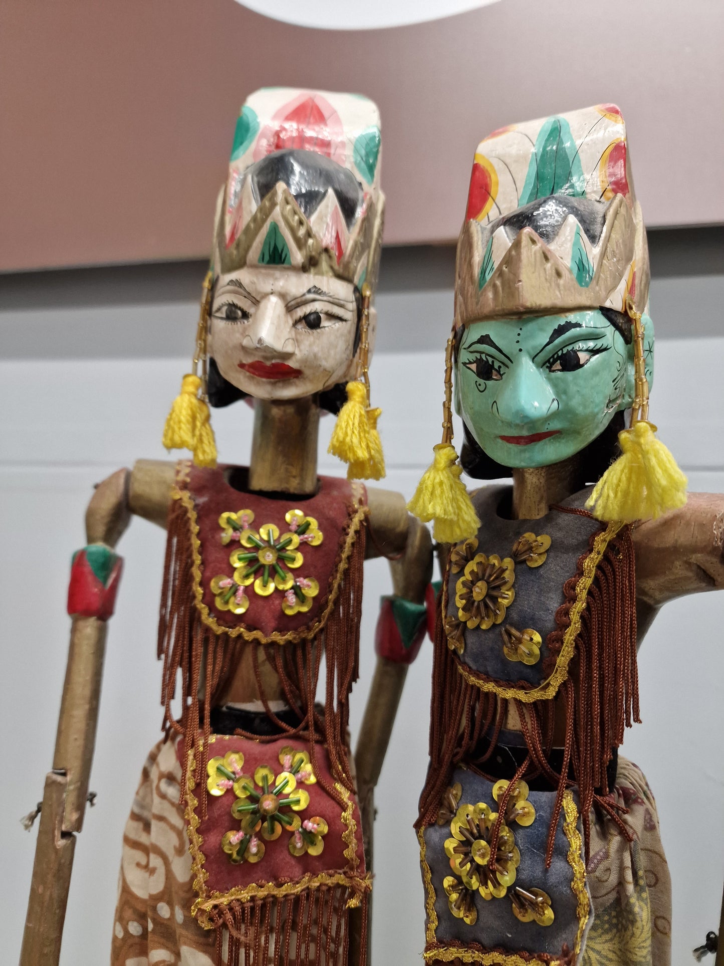A pair of Vintage Indonesian Wayang Kulit Shadow Rod Puppets