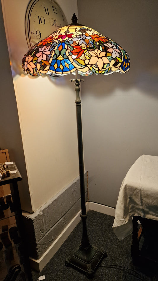Vintage Art Nouveau Floor Lamp with Floral Tiffany Style Shade